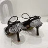 Sandales d'été à talons hauts pour femmes, chaussures de mariage, lanière à la cheville, strass, chaussures de fête, taille 35-42