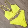 Sexy Bikini Set Women Swimsuit Push Up Lace Up Solid Swimwear Bathing Suit Female Beach Wear Thong Deep V Low Waist Biquini 220408