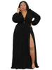 Casual Dresses Womens Autumn Fashion Sexy Party Dress Charming V-ringning Tie Hollow Lantern Sleeve High Slit XL Floor 4xl