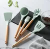 Silicone Kitchen Utensil Set 12 Pieces Cooking with Wooden Handles Holder for Nonstick Cookware Spoon Soup Ladle Slotted Whisk Tongs Brush Pasta Server SN4974