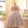 Brilhante lantejoulas Renda Crianças Pequenas Vestidos de Floristas Princesa Joia Decote Tule Apliques Fofas Florais Vestidos Formais Festa Comunhão Concurso Vestido