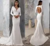 2022 abiti da sposa a sirena morbido raso elegante scollo a V perline aperto indietro sweep treno abiti da sposa Dubai abiti da sposa