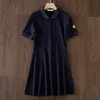 Designer feminino vestido polo colarinho nova cor pura branco/preto/azul esporte cintura magro vestido de verão algodão camiseta saia 7295 25 376