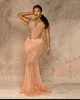 2023 Plus Size Arabic Aso Ebi Mermaid Gold Lace Prom Dresses Sheer Neck pärlor Evening Formal Party Second Reception klänningar klänning