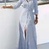 Fashion Women Rapel Neck Striped Dress Zanzea Herfst Long Sleeve Knoppen Maxi Elegant Shirt Vestidos Femme Sundress 220613