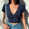 Y2K Vintage Floral Cross Crop Top Tshirt Women Cropped Slim Short Sleeve Vneck Sexy Summer Clothes Tee Shirt Femme Woman Tops 220530