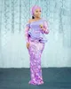 2022 Afrikaanse Nigeriaanse avondjurken Purple Aso Ebi Lace Styles Off Shoulder Peplum Puffy Long Sheeves Mermaid Prom jurken formele jurken