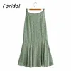 Foridol Floral Print Mermaid kjolar Kvinnor Hög midja Summer Boho lång kjol Bottom Bomullsgrön trumpet Beach kjol 220523