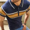Мужская модная лоскутная швори для мужчин с короткими рукавами рубашка вязаная контрастная цветовая лацка на молнии полосатой вершины для мужчин весеннего лета