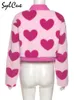 Sylcue rosa menina juventude bonito allmatch amor contraste lã solta confortável e flexível das mulheres curto casaco superior botão 220726