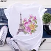 Moda Parigi Torre Eiffel Stampa Top T-shirt da donna T-shirt estiva sottile da donna Harajuku Casual manica corta bianca femminile