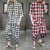 Men's Tracksuits Summer Suit2022Men's Chinese Style Cotton Linen Plaid Casual Cardigan Two-Piece Suit Hanfu Men's Clothing BatchMen'