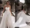 Detachable Train Wedding Dresses Jumpsuits Strapless Lace See Though Top Open Back Court Train Bridal Dress Beach Wedding Gowns Reception