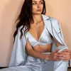 Fashion Solid Color Satin Robe Set With Bra Sexy Pajamas Set Female Home Suit For Women Pajama Spring Long Sleeve Sleepwear 220421