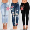 Stretch Embroidered Jeans For Women Elastic Flower Jeans Female Slim Denim Pants Hole Ripped Rose Pattern Jeans Pantalon Femme 201109