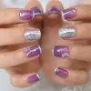 Falska naglar glansiga ljus lila 3D -fjäril Tryck på franska falska holo glitter squoval fyrkant för flicka finger konst prud22