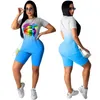 Brand mulheres lábios coloridos impressos manga curta camiseta alta cintura shorts verão tingimento de tingimento de tingimento de tingimento de impressão 2pcs roupas de roupa 220616