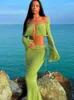 Jacuqeline été vert Sexy voir à travers la robe en dentelle ensemble à manches longues hauts et jupes Midi plage élégant 2 pièces ensembles 220706