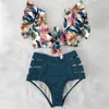 2022 Flounce Biquini Badkläder Hög midja Ruffled Sexig bikini Set Floral Beachwear V-ringad baddräkt Kvinnor Två stycken Baddräkt