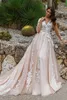 Wedding Dress Bridal Gowns Sheer Long Sleeves V Neck Embellished Lace Embroidered Romantic Princess Blush A Line Beach Vestido de novia