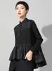 [EAM] Primavera Autunno Colletto alla coreana Manica lunga Nero Orlo allentato A pieghe Punto irregolare T-shirt Moda donna JQ016 220402