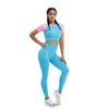 Vêtements de sport pour femmes, ensemble à manches courtes, couleur Macaron, Fitness, Yoga, taille haute, ensemble 2 pièces