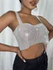 2022 Summer Shiny Crystal Chain Tank Top Silver Metal Mesh Halter Metallic Strap Crop Tops Vest Party Clubwear Outfits G220414