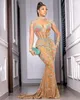 Artı boyutu Arapça Aso Ebi Altın Lüks Deniz Kızı Promu Elbiseler Yüksek Boyun Dantel Boncuklu Akşam Resmi Partisi İkinci Resepsiyon Elbise