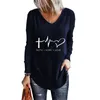 Women's TShirt Fashion Feather Printed Casual VNeck Top Elegant Loose Hedging Long Sleeve Spring And Autumn Apparel 230206