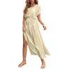 Damen-Bademode, Damen-Cover-Up-Kleid, 2022, Sommer, einfarbig, Kurzarm, Rundhalsausschnitt, Schlitz, Kordelzug, Taille, langer Strand