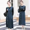 Wiosenne letnie sukienki dżinsowe kobiety w szyku w dekolcie swobodne dżinsy koreańskie eleganckie midi-calf vestidos 220504