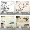 Tapestry 3D de tinta chinesa Tapestry Birds Red Flowers Mountain Water Natura