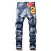 Calça de jeans de jeans masculinos DS empilhados de retalhos azuis usados ​​de negócios meninos macacão de macacão reto cinto de jeans de jeans para 2022 outono inverno