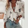 Blusas das mulheres Camisetas Mulheres Blusa Camisa Elegante Floral Impressão Vintage Tops Escritório Senhora Senhora Verão Sexy Longo Manga Luz Lótus Folha V-Pescoço 3x