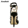 Aneikeh Spring Sexy Sexy Hollow Faux Suede Sandals 여성 고 부츠 Peep Toe Sewing Fashion 얇은 발 뒤꿈치 웨딩 New Black 35 42 220421