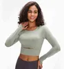 Lululemens Lulus Damen-Langarmoberteile, aushöhlen, sexy Yoga-Sport-BH, gepolstertes Hemd, Daumenloch, kurz, schlank, Fitness, Laufen, Fitnessstudio, T-Shirt