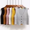 Korean Fashion V Neck Loose Sleeveless Sweater Vest Women Knitted Hollow Out Single Breasted Short Cardigan Female Kniwear 220812