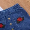 Roupas de verão para bebês infantil garotas saia de duas peças de moda rosa bordado de manga curta denim 220620