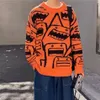 Herrtröjor tröjor herr höst mode par orange svart hip hop stickad tröja streetwear harajuku vintage pullover 2022