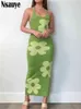 Nsauye 2022 Summer Casual Knitted Beach Holiday Halter Off Ramię Kwiatowy Drukuj Długa Dress Y2K Party Green Sukienka dla kobiet Sexy Y220413