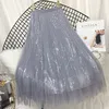 Wiosna Letnie Spódnice Kobiety Korea Long Tulle Cekinowy Plisowany Linia Midi Chic Wysoka Talia Kobieta 220317