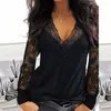 Casual V Neck spets långärmad t -skjorta för kvinnor vår vinterkläder sexig fast färg svart tee skjorta kontor lady topp 220714