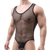 Сексуальное мужское нижнее белье Майки Mesh See Through PU Leather Bugle Pouch Bodysuit Wrestling Singlet Комбинезон Нижнее белье без рукавов 220427