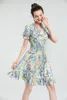 Women's Runway Dress V Neck Short Sleeves Printed Elastic Waist Ruffles High Street Designer Summer Dresses Vestidos