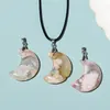 Natural Crystal Cherry Blossom Agate Moon Leather Rope Pendant Arts Rough Stone Carving Halsband Fashion Jewelry