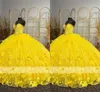 2022 Flores 3D amarelo Apliques Quinceanera vestidos pérolas de pérolas