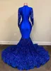 2022 Royal Blue Sereia Vestidos de Prom Vestidos Sparkly Lace Lantejoulas Longos Mangas Pretas Meninas Africanas Celebridade Vestido de Noite B0408