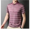 Polos de seda Mulberry a rayas para hombre, camisetas informales de negocios de seda de hielo de manga corta de lujo, camisetas sencillas de verano para hombre