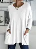 Women Autumn Fashion Tunic Top Pocket Solid Color Loose Round Neck Long-sleeved T-Shirt Streetwear Casual Vintage Pullovers 220525