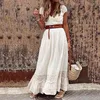 Womens Long Dress Summer V-neck Boho High Waist Belted Maxi Dress Short Sleeve Large Hem Ladies Solid Color Beach Sundress 2021 L220705